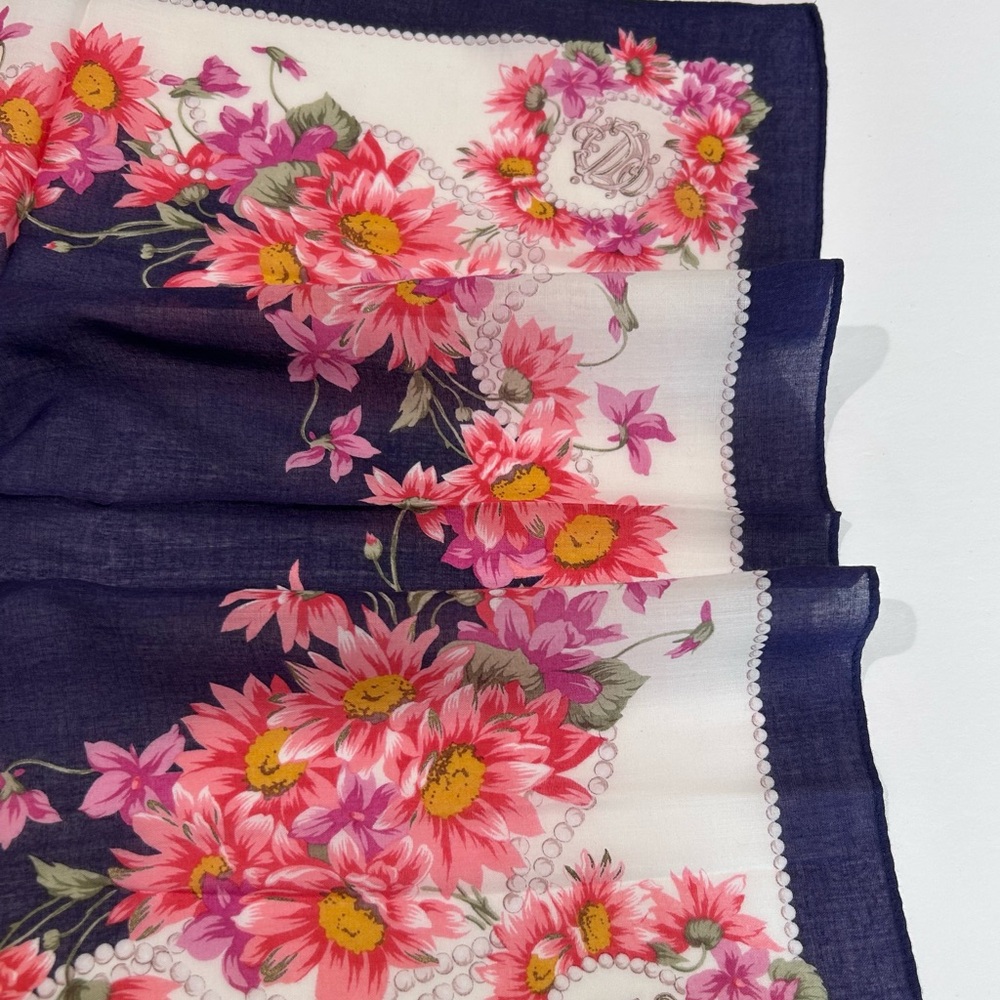 WOMEN HANDKERCHIEF CHRISTIAN DIOR Pink Purple Floral Mini Scarf COTTON 18” - Picture 5 of 6